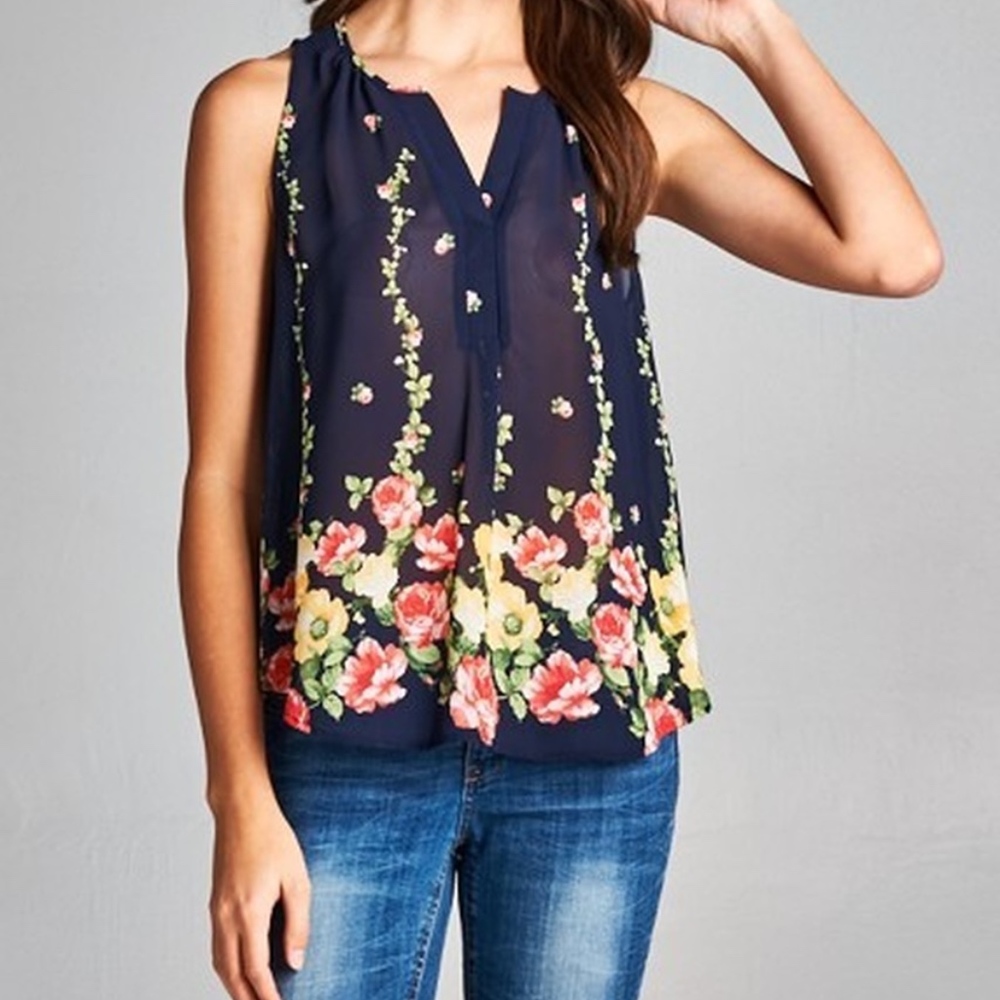 Lisa Chiffon Floral Border Button Sleeveless Top